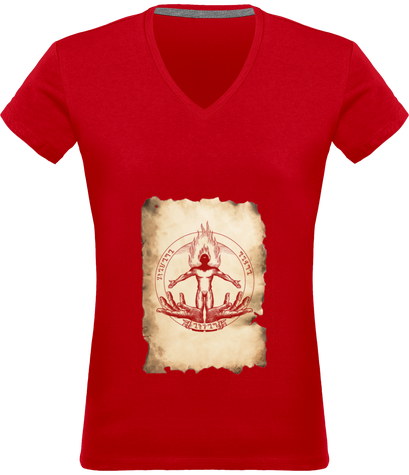 T-shirt Femme Prométhée Basic Col V Rouge motif parchemin