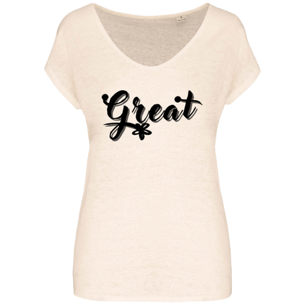 GREAT Design -T-SHIRT COL EN V 100 % LIN  IVOIRE POUR FEMME