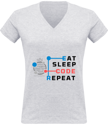 Tee-shirt Col en V Femme - Version Eat Sleep Code Repeat