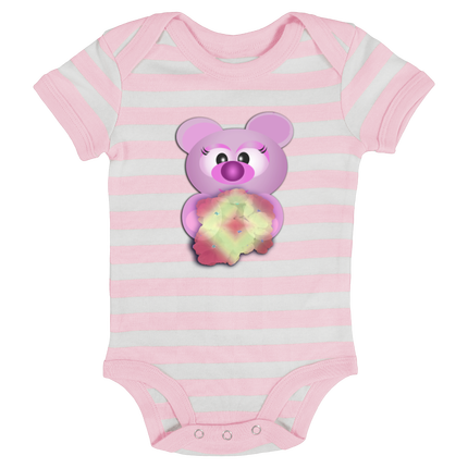 Body Bébé à Rayures Décoration sur les épaules. Déco Recto-Verso. Ourson bouquet de fleurs roses
