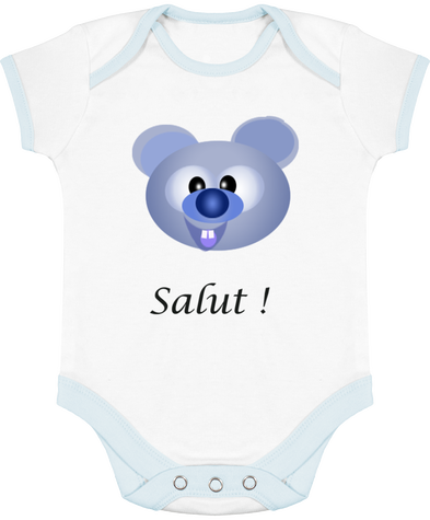 Body Bébé Contrasté Grenouillère à manches courtes. Déco Recto-Verso. Ourson bleu 