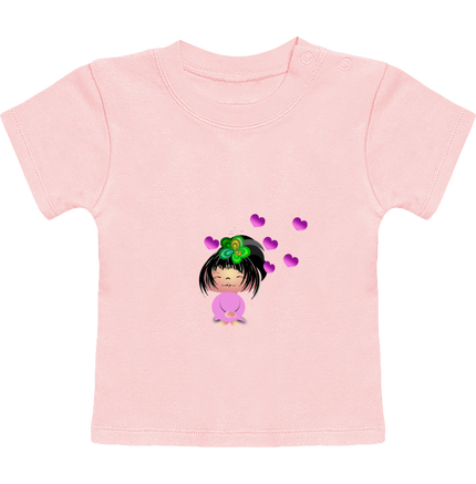 T-Shirt Bébé Manches Courtes - Avec décors petite fille et coeurs - Création FarandolArt.