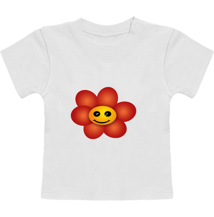 T-Shirt Bébé Manches Courtes. Fleurs rouge souriante. Création Farandol'Art.