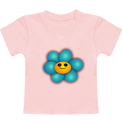 T-Shirt Bébé Manches Courtes-Décoré par Farandol' Art. Fleur bleu souriante.