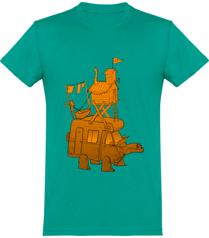 Camping car et tortue fond orange