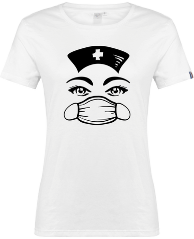 T-shirt Bio Femme Blanc Made in France. Nurse with a mask. 