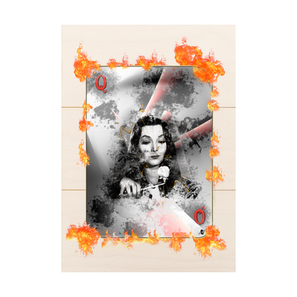 Panneau Photo en Bois surface lignée blanche naturelle Morticia et sa rose carte reine en flammes pa